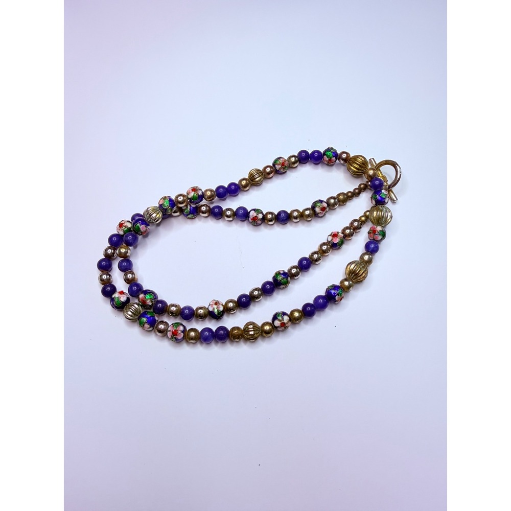 Vintage Cloisonné & Purple Bead Necklace – Floral Enamel Beads